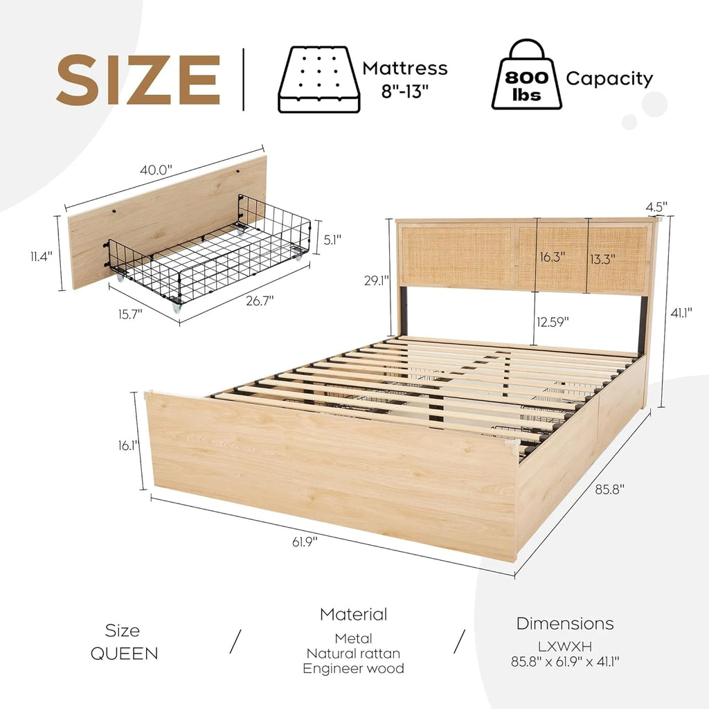 Natural Rattan Queen Bed Frame with Wooden Headboard and 4 Storage Drawers R353431