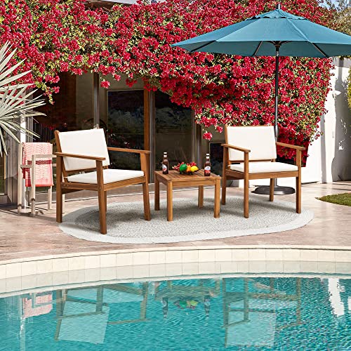 3 Piece Acacia Wood Patio Chairs with Coffee Table & Cushions I114340