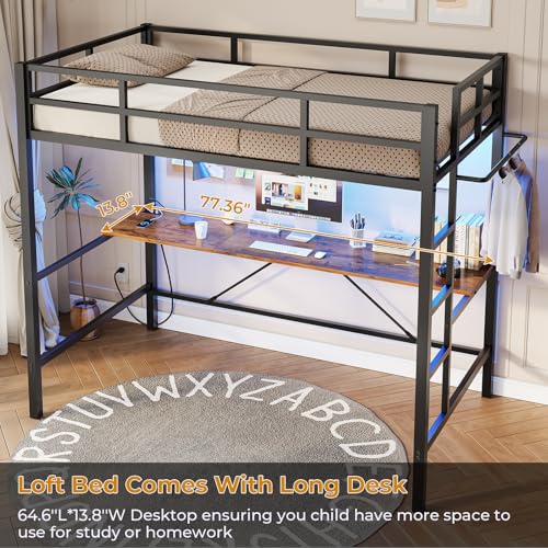 White Twin Size Metal Loft Bed with Desk and Led Lights C577980
