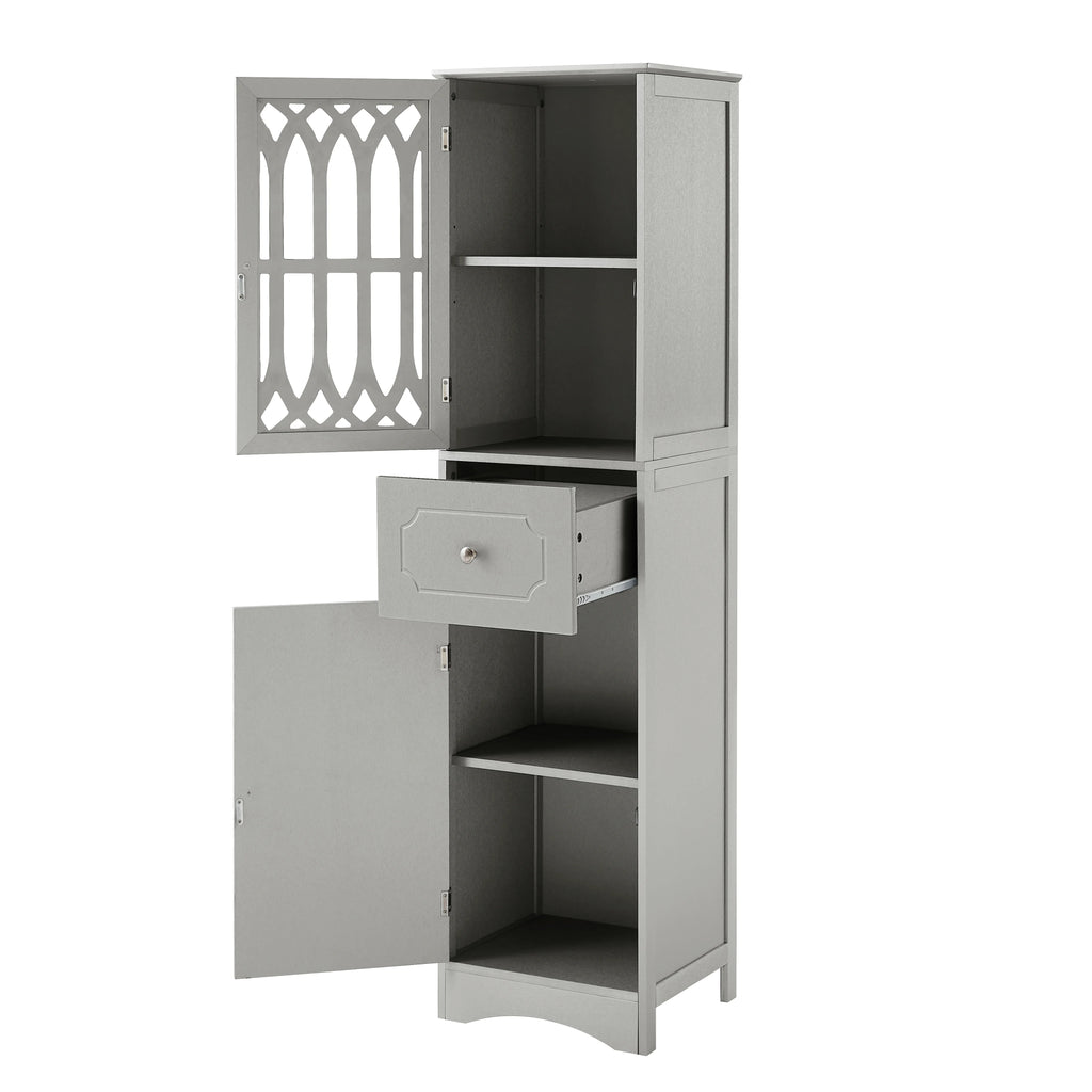 Tall Bathroom Storage Cabinet with Doors Drawers Wood Floor Freestanding Organizer S24252