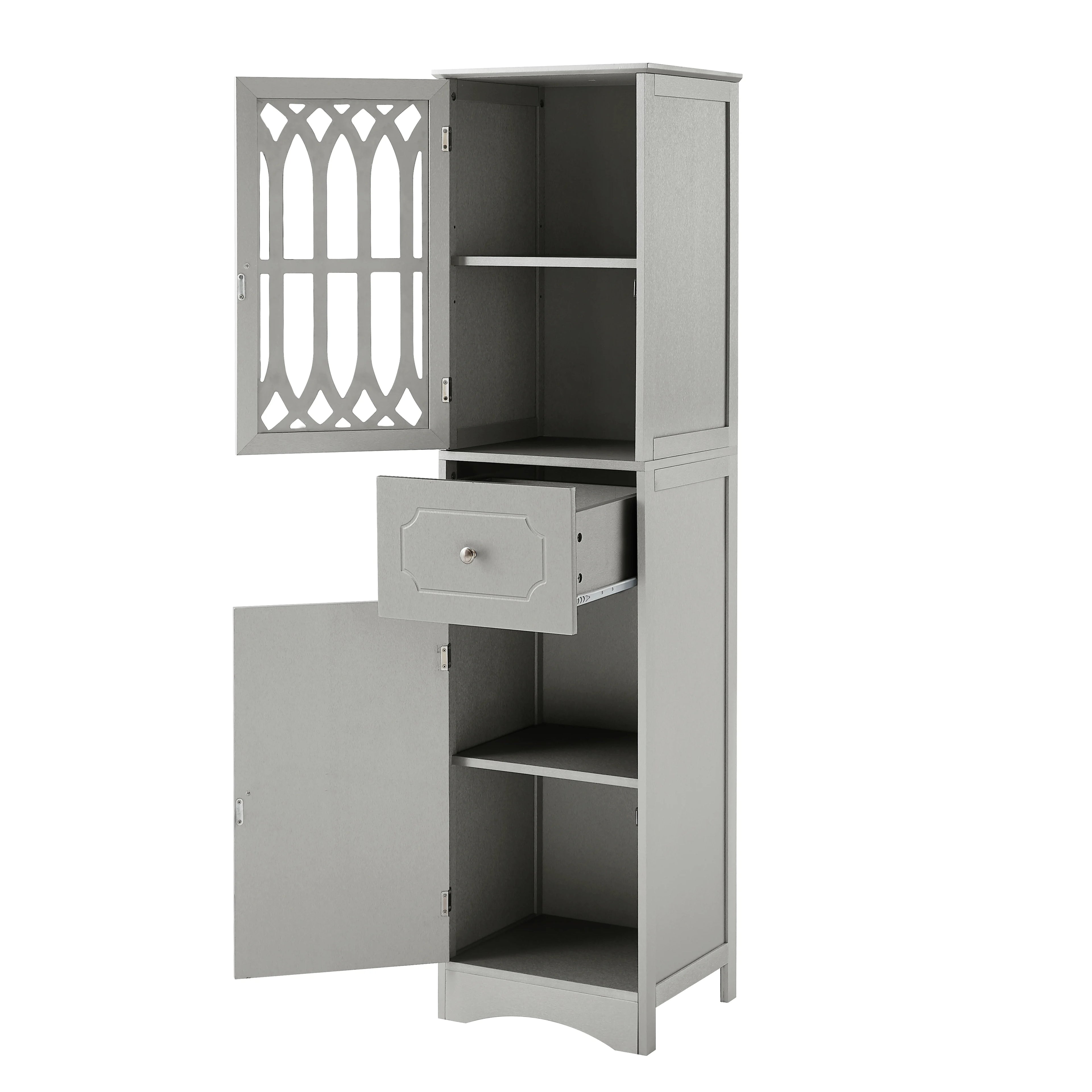 Tall Bathroom Storage Cabinet with Doors Drawers Wood Floor Freestanding Organizer S24252