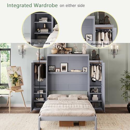 Full Size Murphy Bed with Two Wardrobes and Storage Shelf (White) J647