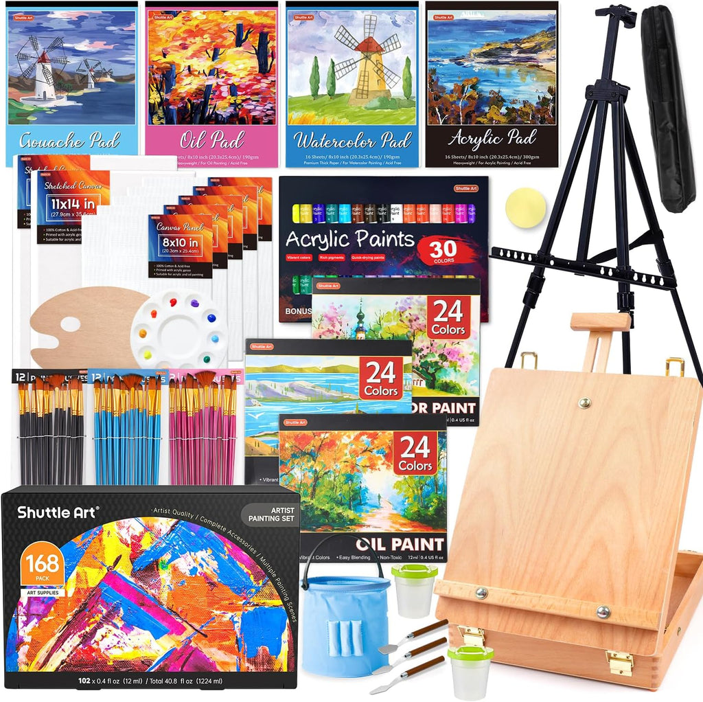 168 Pcs Artist Painting Set with Aluminum and Wooden Easels A62029