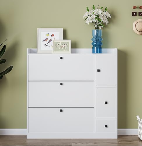 Slim Shoe Storage Cabinet with 3 Flip Drawers, Black B487560