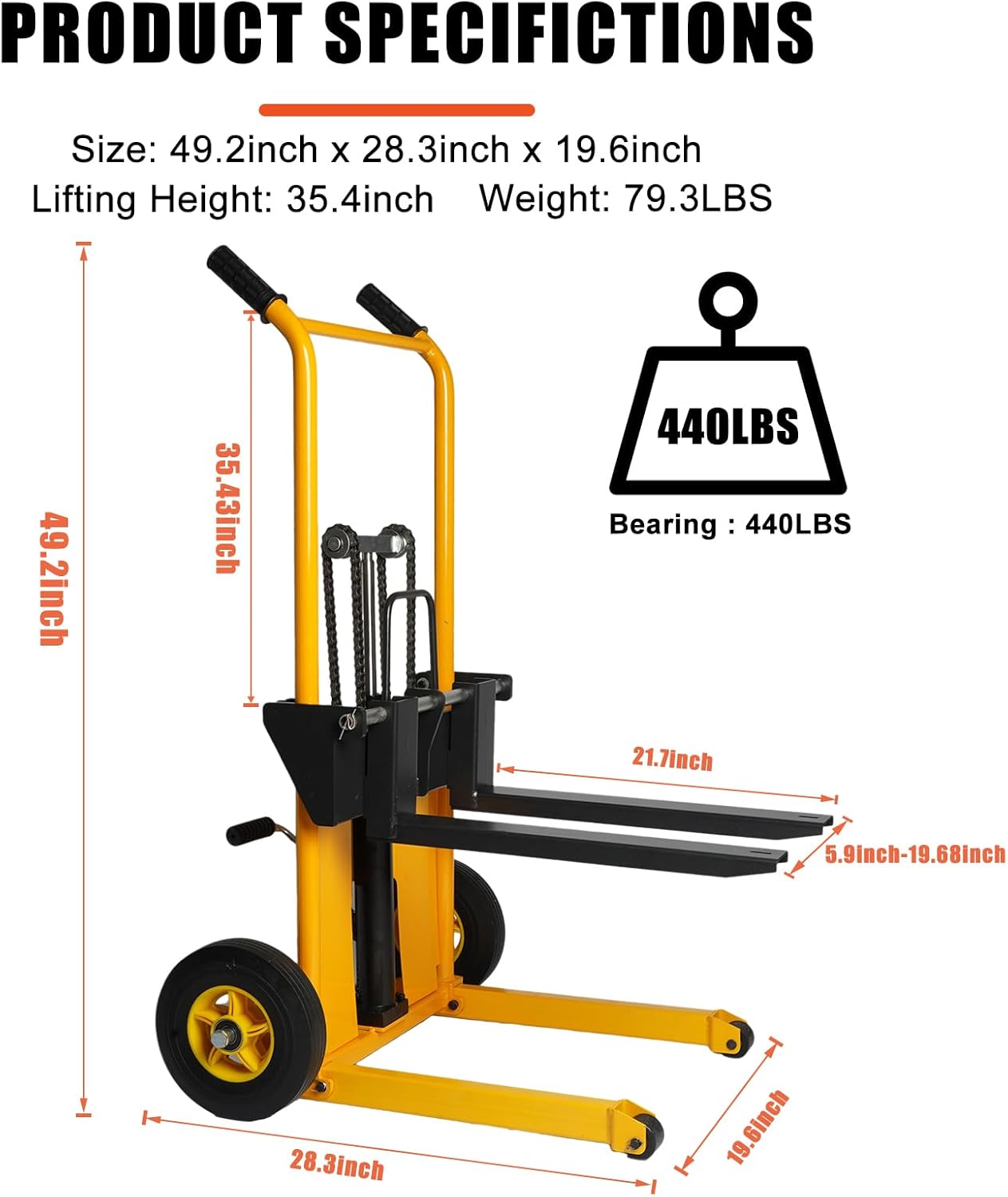 440 lbs Capacity 35" Lift Height Adjustable Forks Fixed Legs Pallet Stacker Z5586