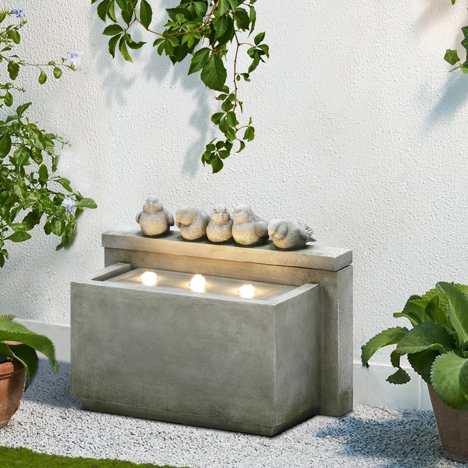 Gray Rectangular Resin Outdoor Bubbler Fountain with Lights S14811