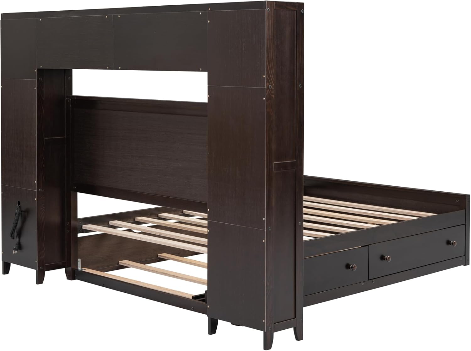 Full Size Wood Storage Bed with Bookcase Headboard and Trundle F681
