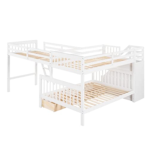 Twin over Full Triple Bunk Bed with Drawers and Stairway, L-Shaped Bunk Bed and Loft Bed Combo with Storage Compartment (Espresso) A737
