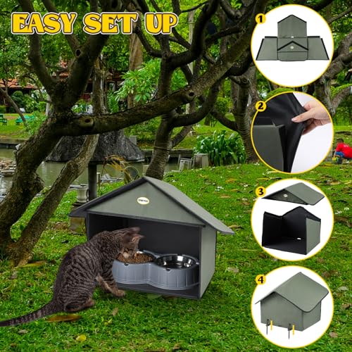 Outdoor Cat Feeding Station, Weatherproof, 13”d x 17”w x 15.5'h (Dusty Blue) U148