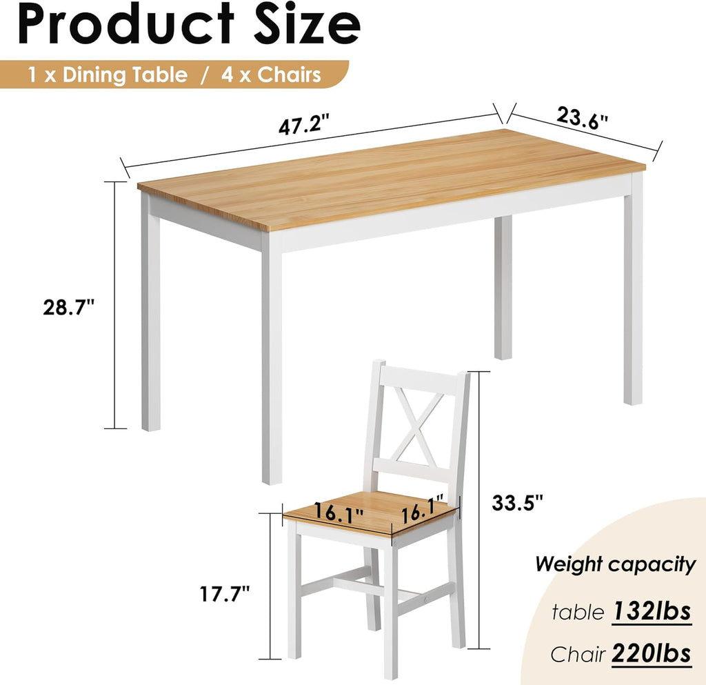 5 Piece Pine Wood Dining Table Set with 4 Chairs N772