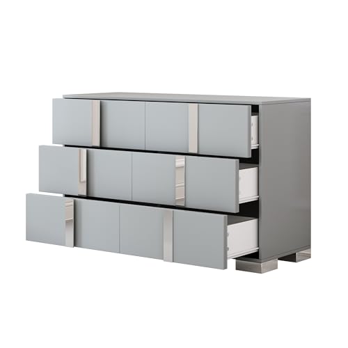 Queen Wood Upholstered Bed with LED Lights, 2 Mirrored Nightstands, 6-Drawer Dresser with Metal Handles and Legs (Grey) M8352