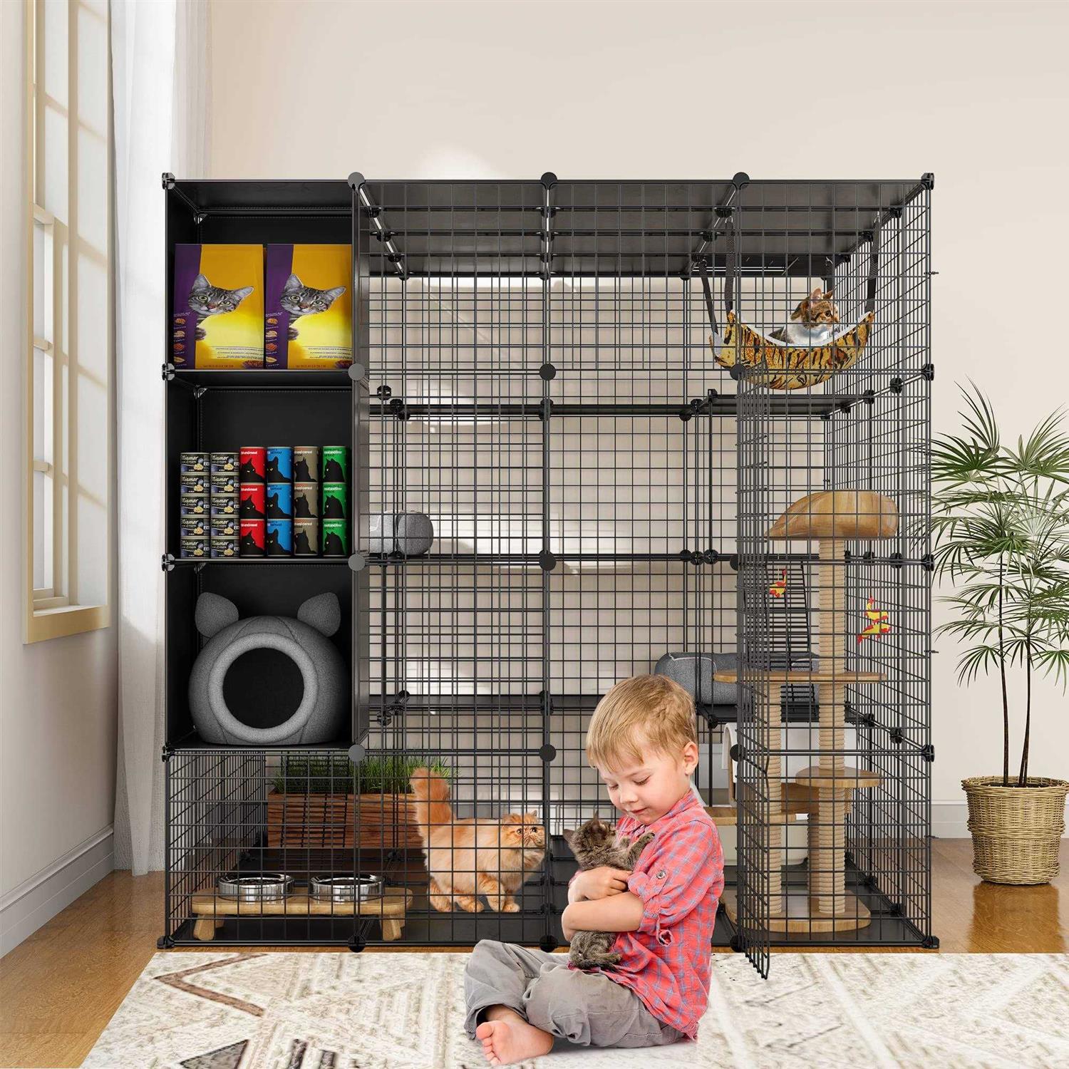 Cat Cage Indoor Large with Storage Cube DIY Catio Cat Enclosures Metal Cat Playpen with Hammock L26439