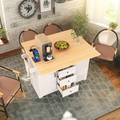 Black Kitchen Island with Drop Leaf, 3 Drawers, Power Outlet Q1280