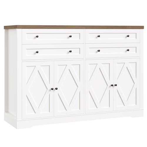 55" Coffee Bar with 4 Large Drawers, Tall Buffet Cabinet with Storage, Adjustable Shelves, Ash Grey H2885