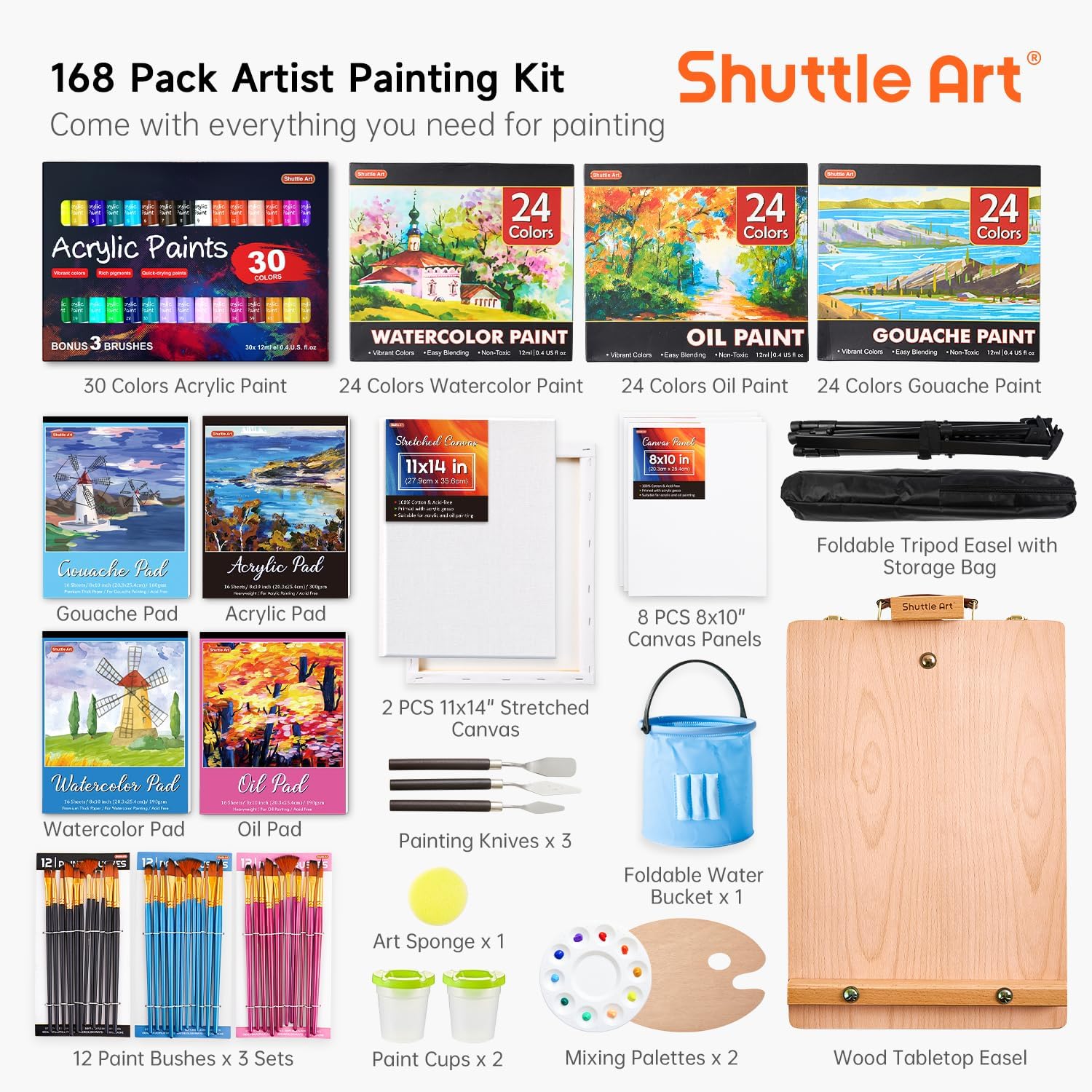 168 Pcs Artist Painting Set with Aluminum and Wooden Easels A62029