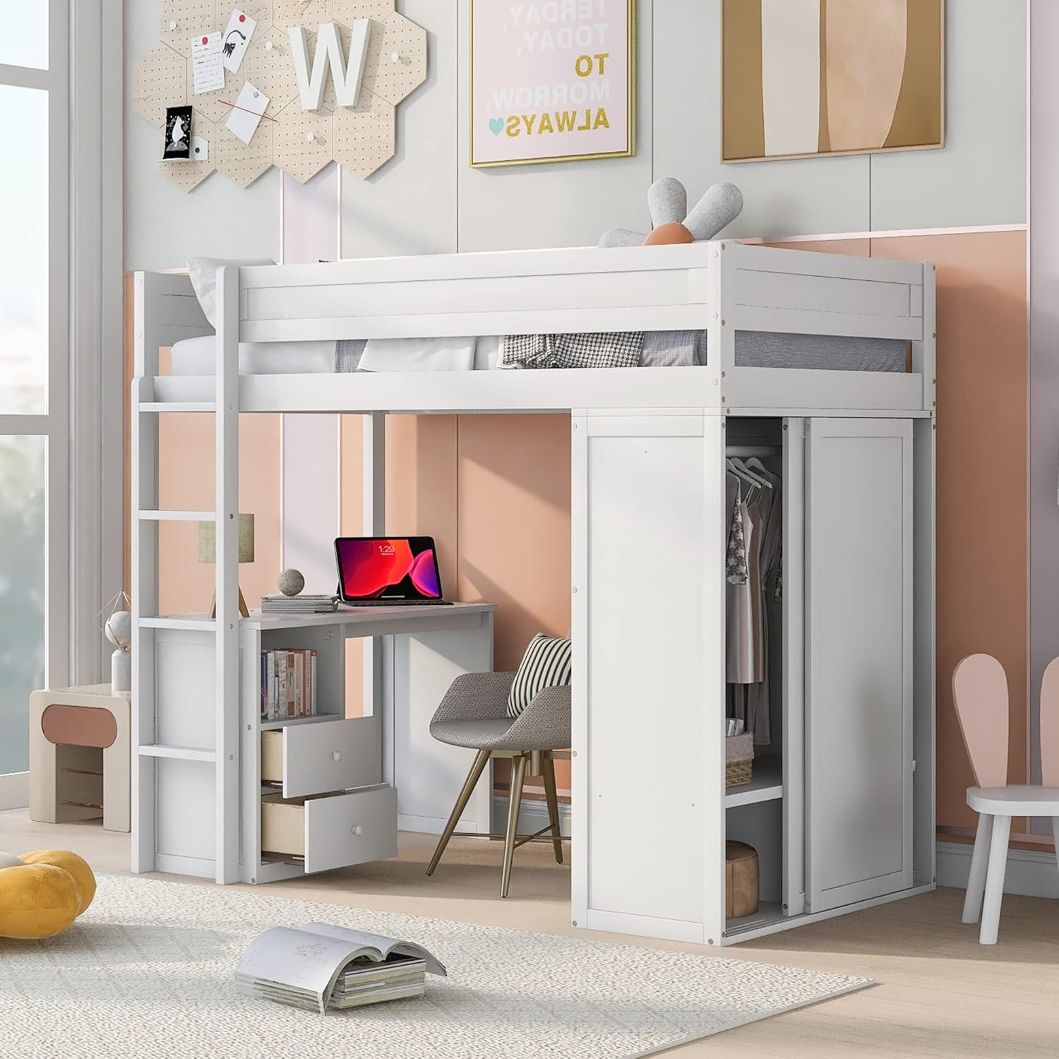 White Wooden Twin Size Loft Bed with Desk and Wardrobe T6834