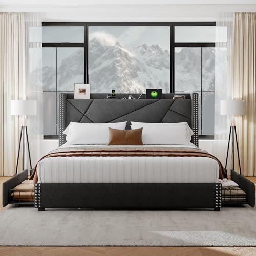 Light Grey Queen Bed Frame with 4 Storage Drawers K283047