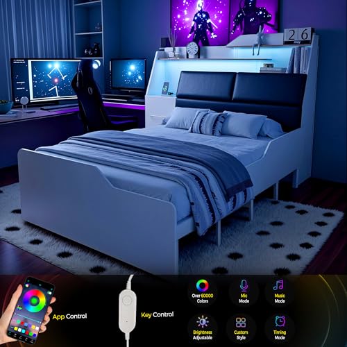 Full Platform Bed Frame with Storage Headboard, 4 Drawers, LED Light & Charging Station P719216