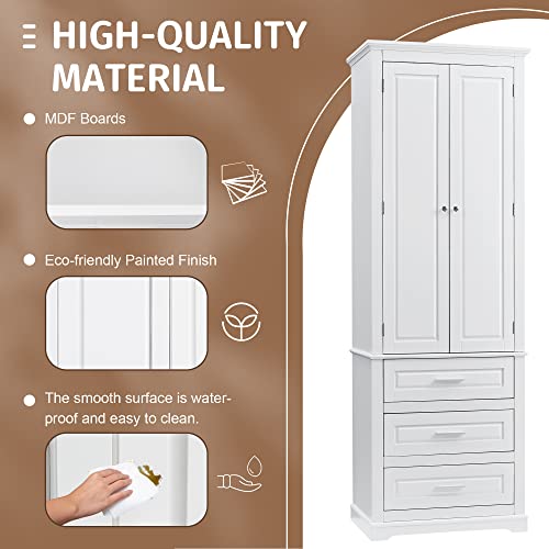 White 2 Door Tall Bathroom Storage Cabinet with 3 Drawers and Adjustable Shelves T5371