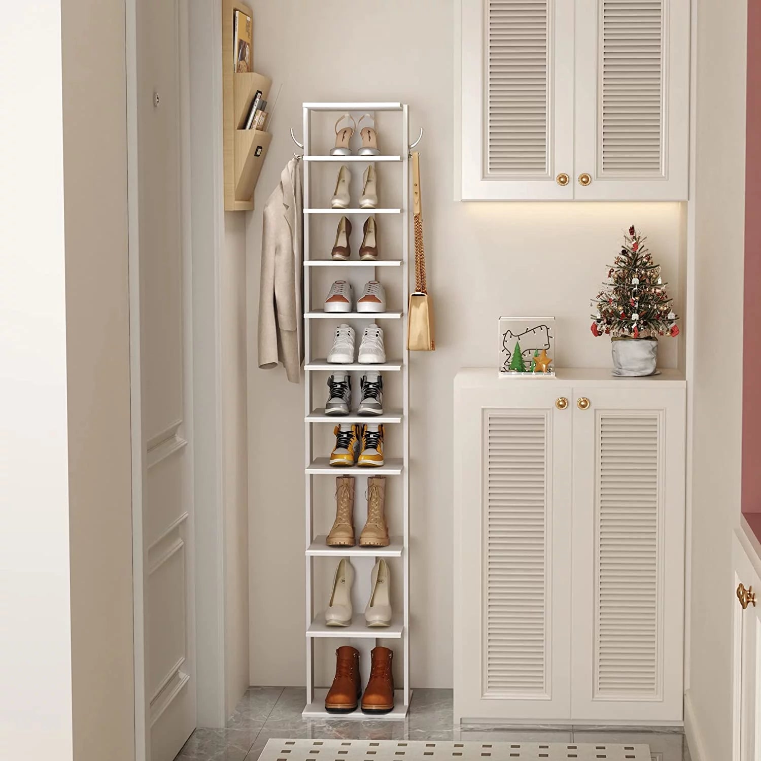 10-Tier Vertical Shoe Rack, Corner Shoe Tower, Slim Shoe Organizer with Two Hanging Hooks, Wooden Shoe Storage Stand (White) N684683