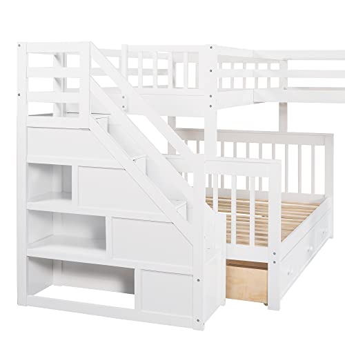 Twin over Full Triple Bunk Bed with Drawers and Stairway, L-Shaped Bunk Bed and Loft Bed Combo with Storage Compartment (Espresso) A737