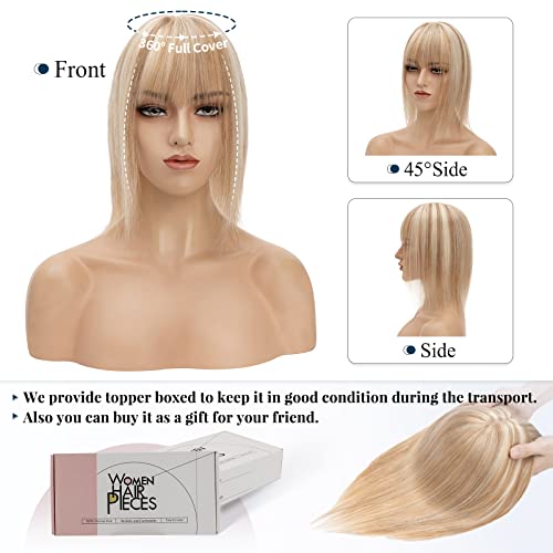 Medium Brown Mix Dark Blonde Real Remy Human Hair Topper with Bangs 38g 6inch M779503