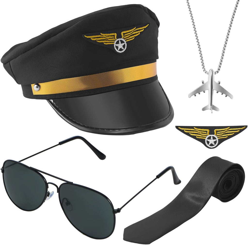 5 PCS Pilot Costume Kit with Sunglasses, Tie, Hat, Wings Patch and Necklace I308749