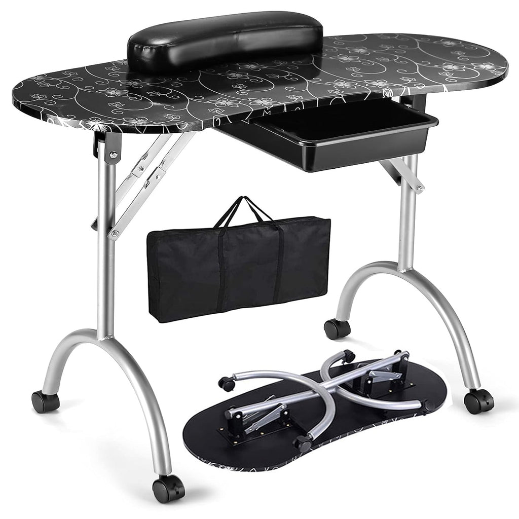 Black Portable Nail Table with Drawer and Casters G4199