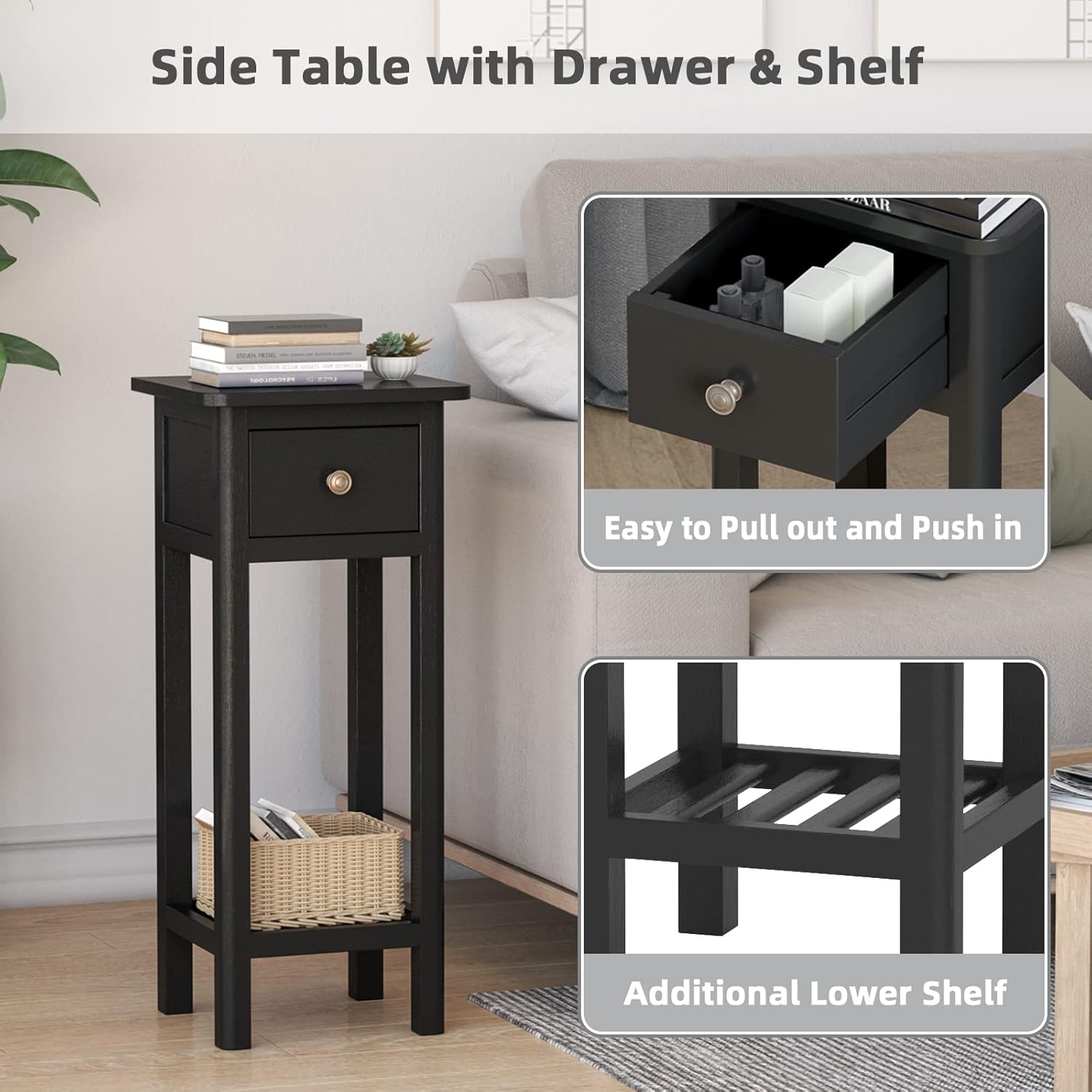 Black Narrow End Table Set of 2 with Drawer & Shelf Q8805