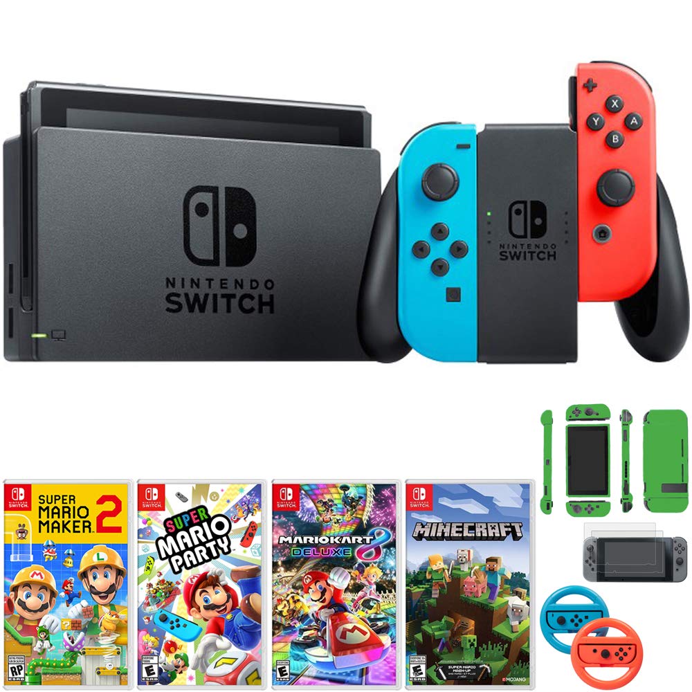 32 GB Console with Neon Blue & Red Joy-Con Bundle with Mario Kart 8 Deluxe + Super Mario Party + Super Mario Maker 2 + Minecraft B1721