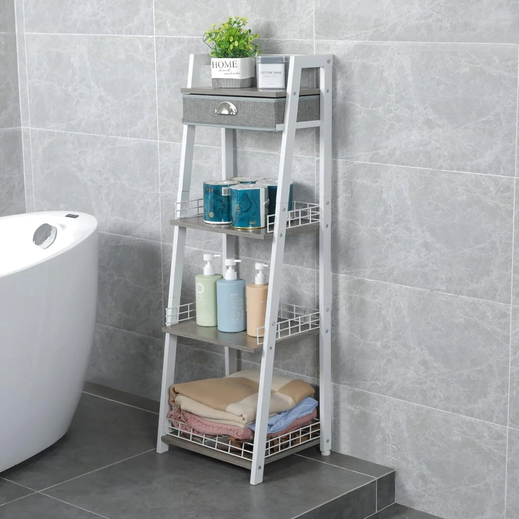 White 4 Tier Ladder Shelf with Drawer S50609