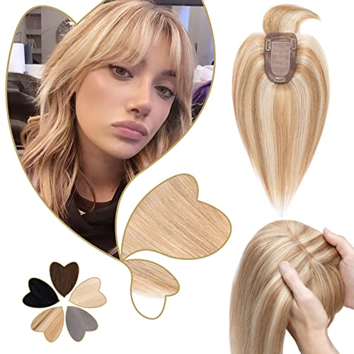 Medium Brown Mix Dark Blonde Real Remy Human Hair Topper with Bangs 38g 6inch M779503