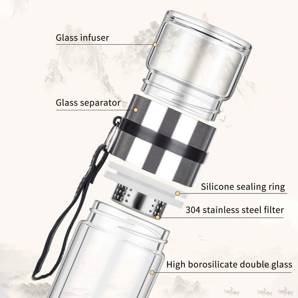 Glass Tea Infuser Bottle Double Wall Borosilicate Portable Travel Tumbler Mug Leakproof 13 OZ N347