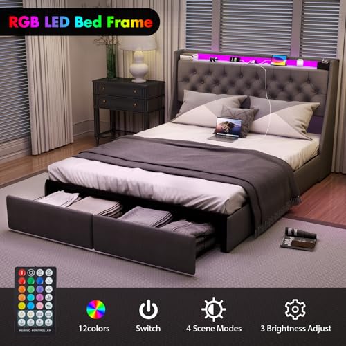Gray Full Size Upholstered Bed Frame with 4 Storage Drawers and LED Lights A11372