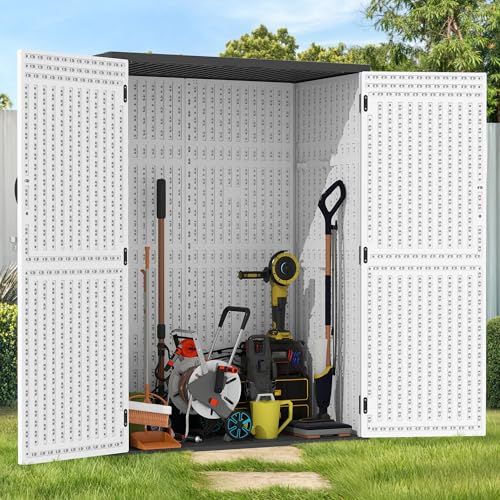 Brown Resin Vertical Outdoor Storage Shed, 59 Cubic Feet J83445