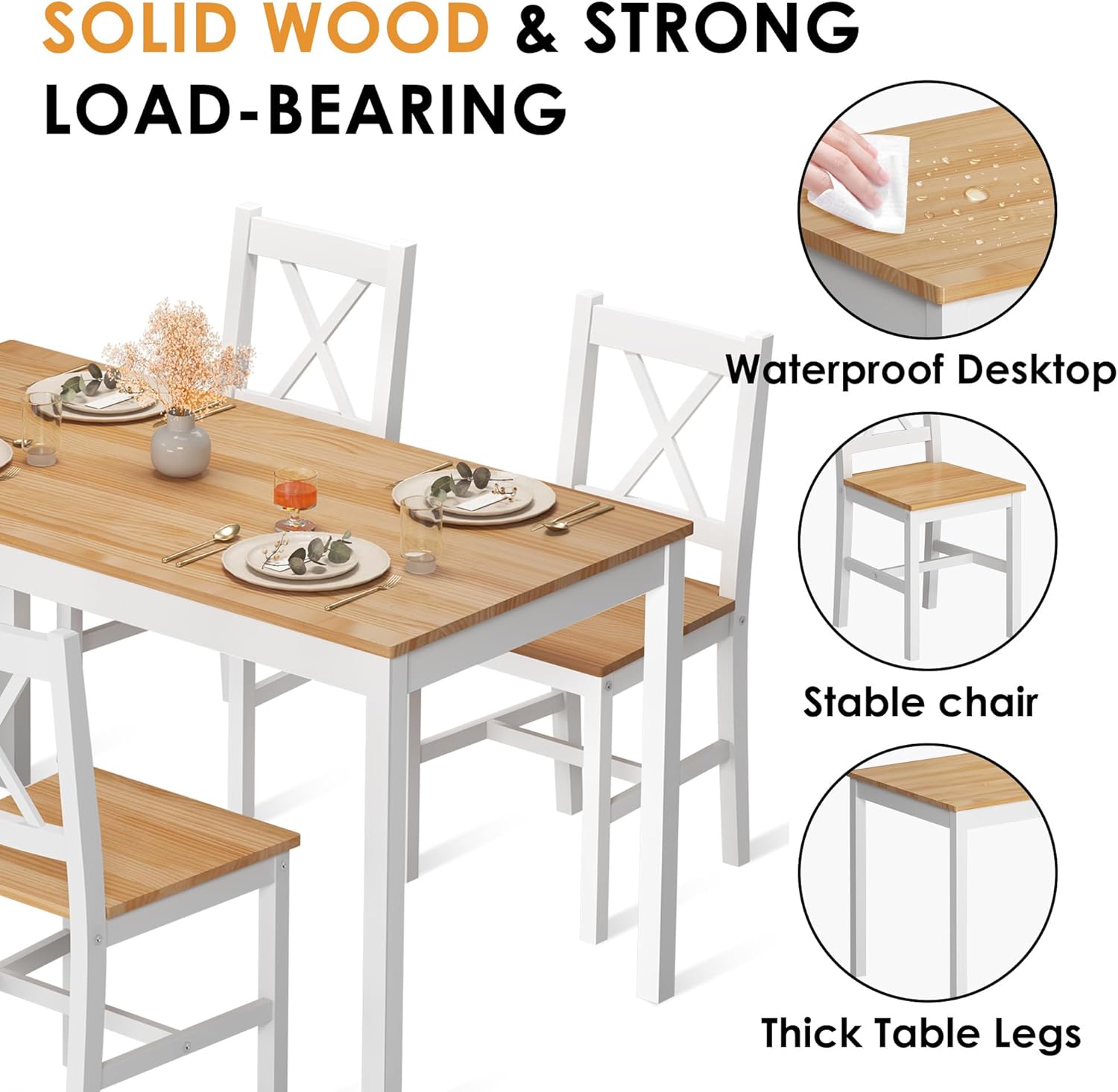 5 Piece Pine Wood Dining Table Set with 4 Chairs N772