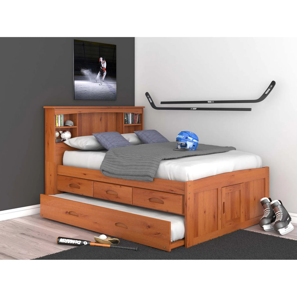 Solid Pine Full Captains Bookcase Bed with 3 Drawers and Twin Sized Trundle in Warm Honey U65643