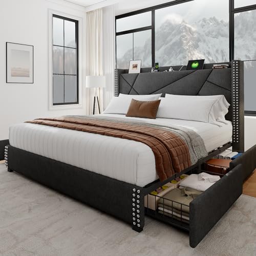 Light Grey Queen Bed Frame with 4 Storage Drawers K283047
