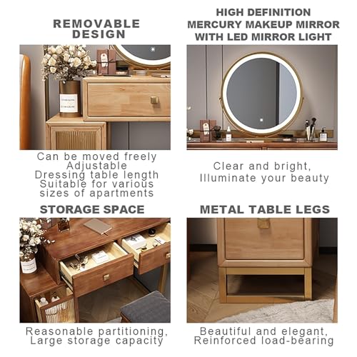 Wooden Vanity Desk with Mirror and Lights and Drawers with Cushioned Stool R27633