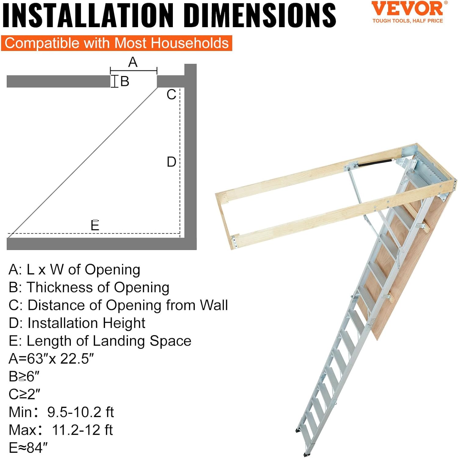 Attic Ladder, 350-pound Capacity, 22.5" x 63", Aluminium Extension M64508