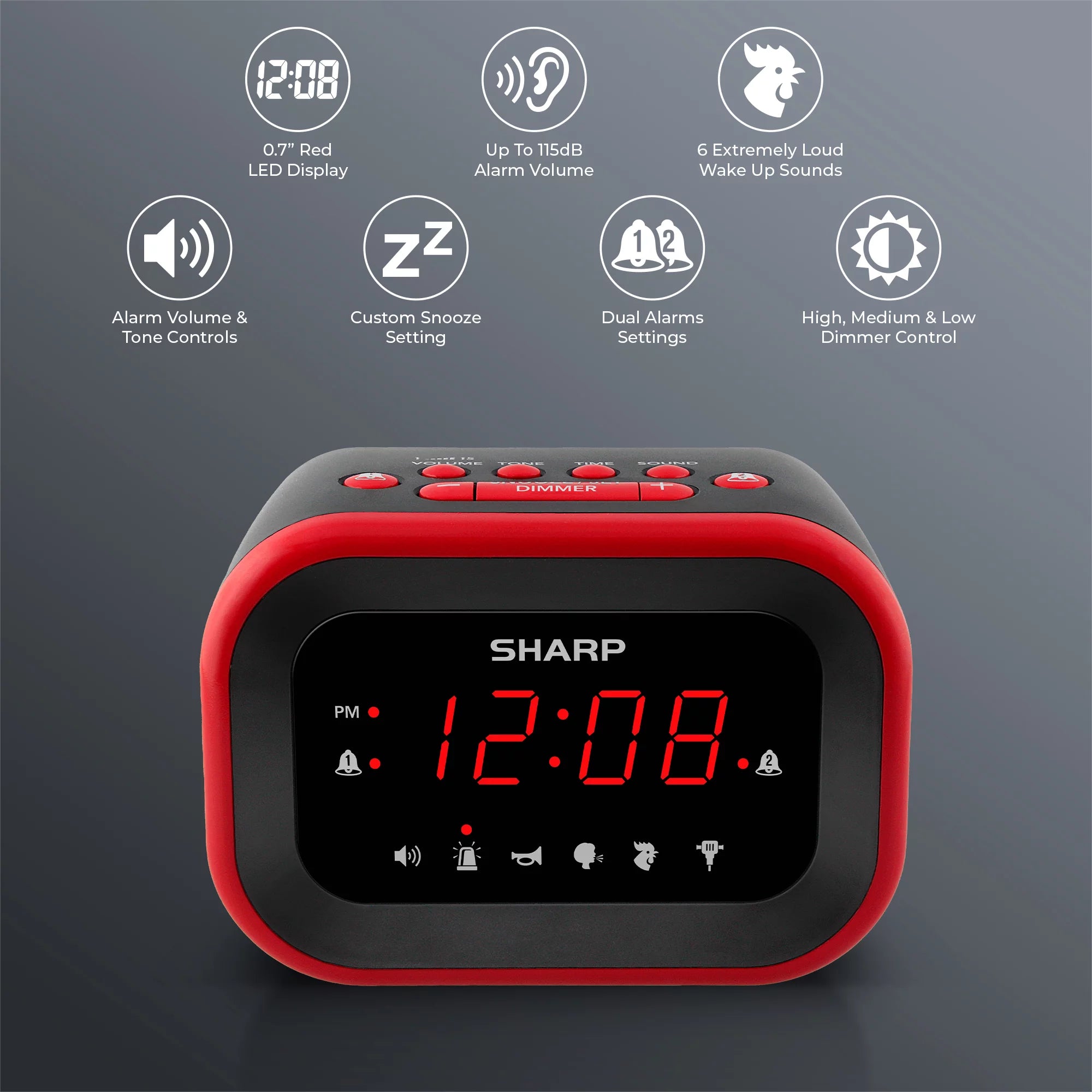 Red/Black Alarm Clock with 6 Wake Up Sounds Q729