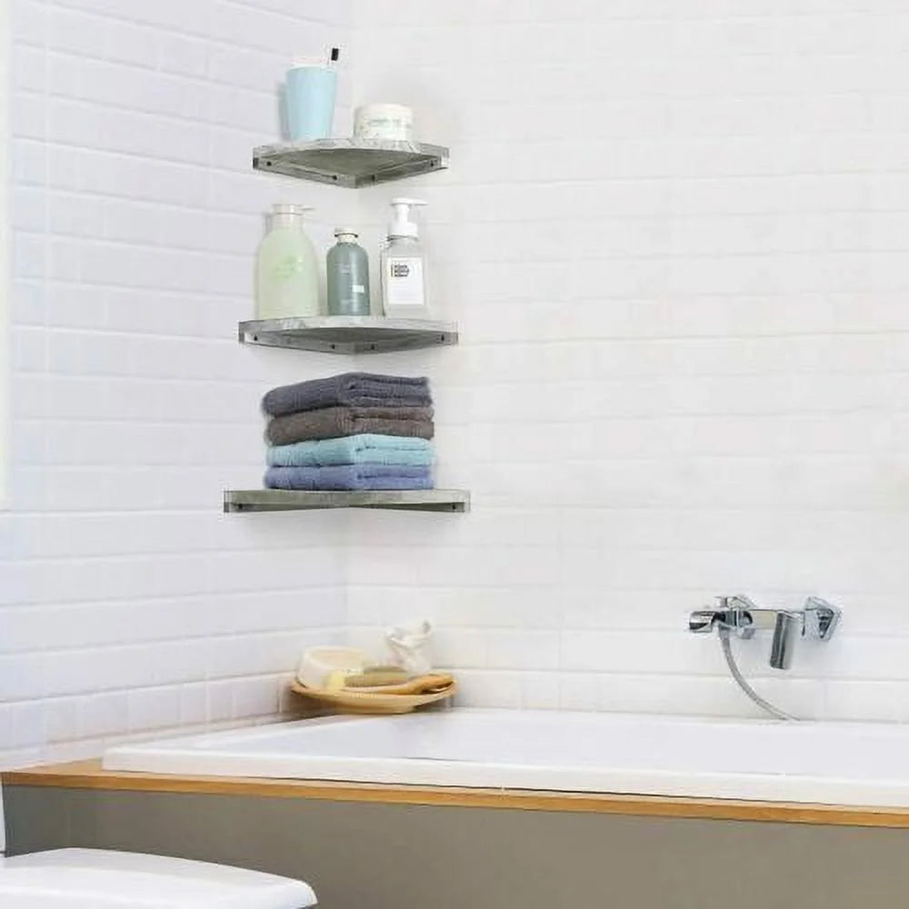 Rustic White Set of 3 Wall Mounted Wood Corner Shelves G889