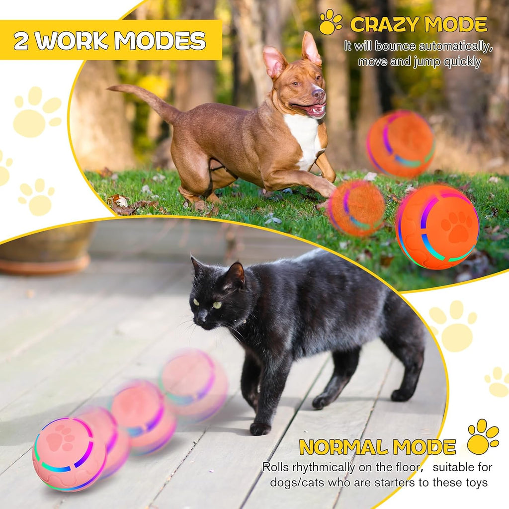 2 Pcs Interactive Dog Toys Peppy Pet Ball Moving Automatic Rolling Ball with LED Flashlight USB Rechargeable (Orange, Pink) K6407