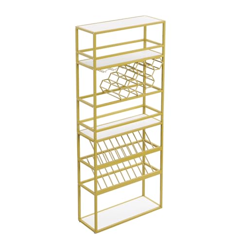 Gold 6 Tier Freestanding Wine Rack with Glass Holder and Storage Shelves X5652
