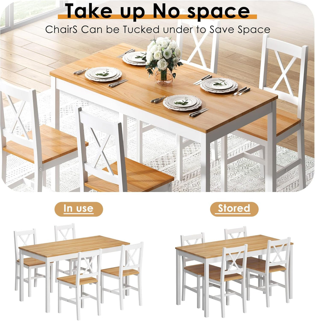 5 Piece Pine Wood Dining Table Set with 4 Chairs N772