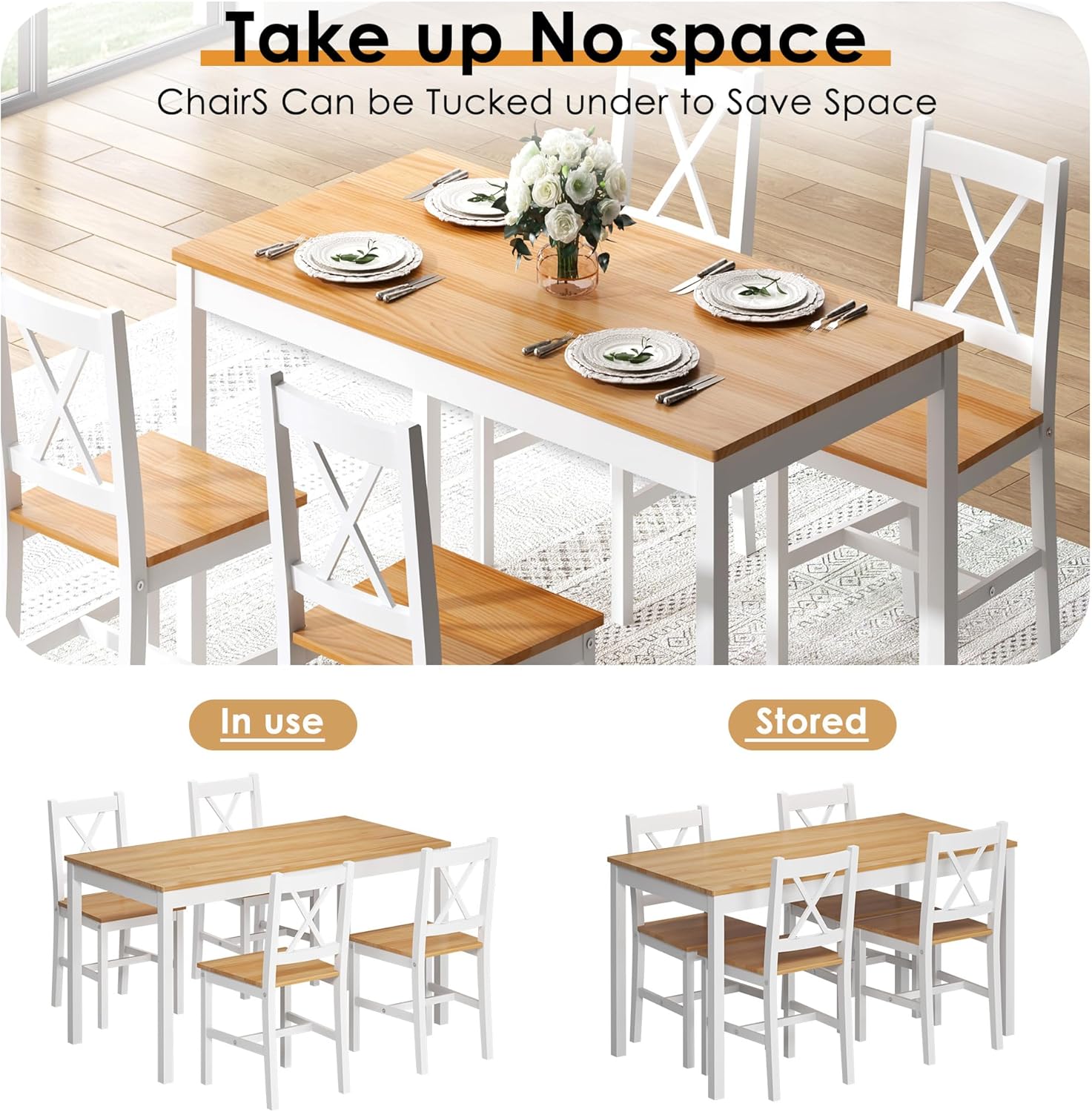 5 Piece Pine Wood Dining Table Set with 4 Chairs N772
