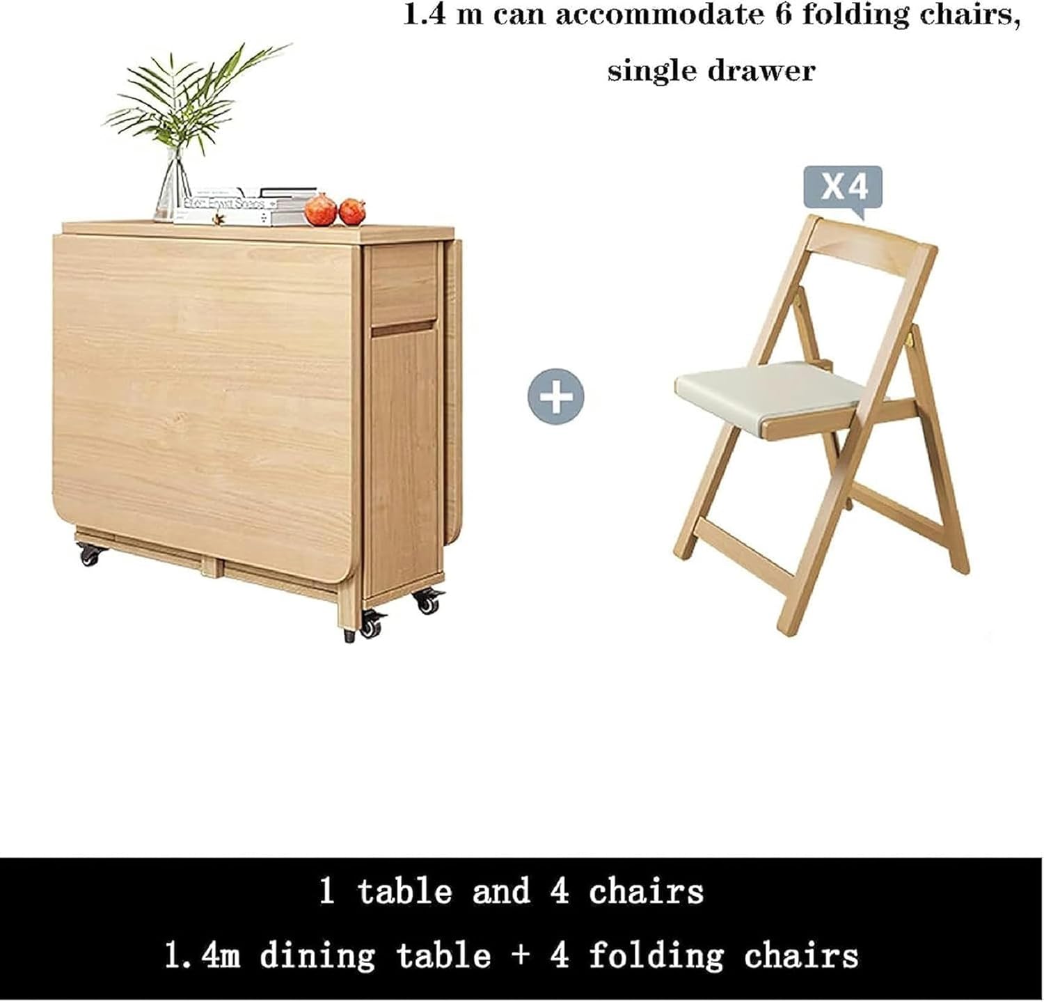 Wooden Extendable Dining Table Set with 4 Chairs, Drop Leaf Tables on Moveable Wheels and 1 Drawers L16915