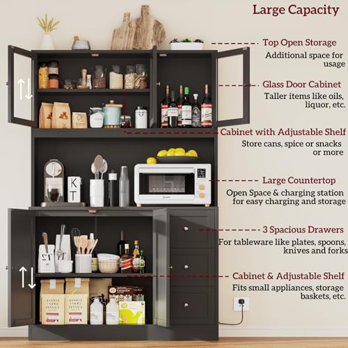 Natural Tall Kitchen Pantry Cabinet with Drawer and Glass Doors G7400