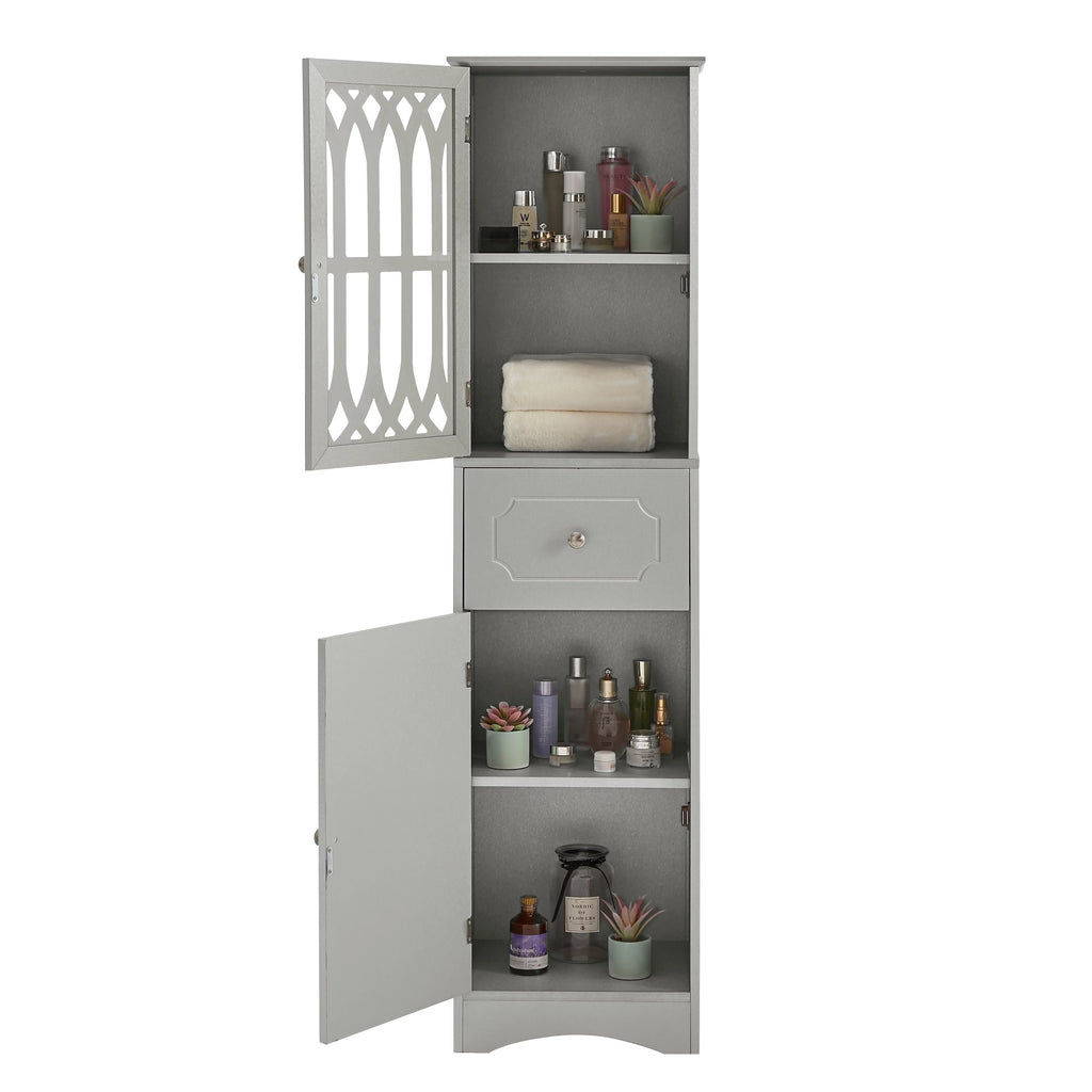 Tall Bathroom Storage Cabinet with Doors Drawers Wood Floor Freestanding Organizer S24252