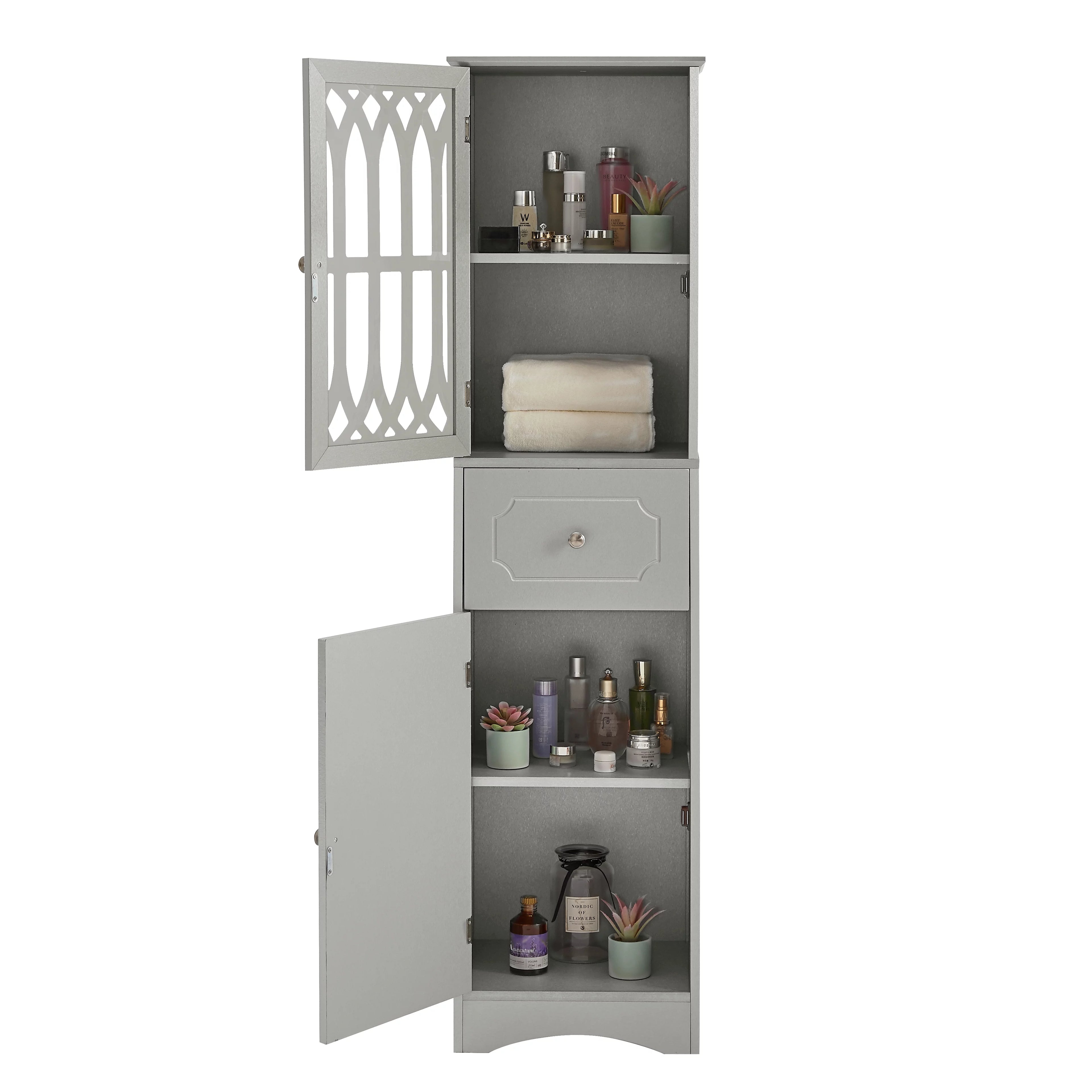 Tall Bathroom Storage Cabinet with Doors Drawers Wood Floor Freestanding Organizer S24252